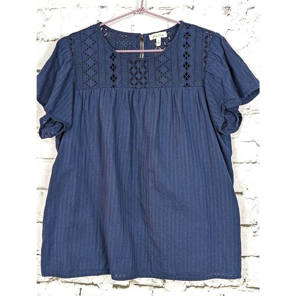 ELLA MOSS "Brianne" Boho Peasant Earthy Casual Eyelet Top Navy Blue Size Small - Picture 1 of 7